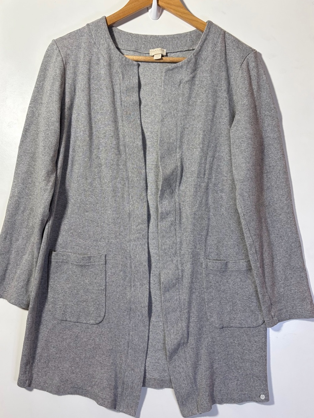 Hanro Knits Open Front Cardigan Gray Ribbed Cotton Pockets S Minimalist